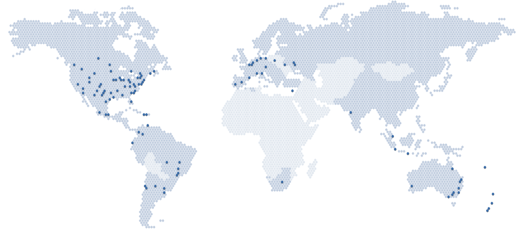 Mercator Projection world map dotted with blue and grey hexagons indicating Family Room program locations and regions serviced