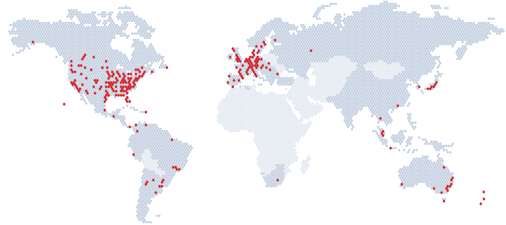 Mercator Projection world map dotted with red and grey hexagons indicating House program locations and regions serviced