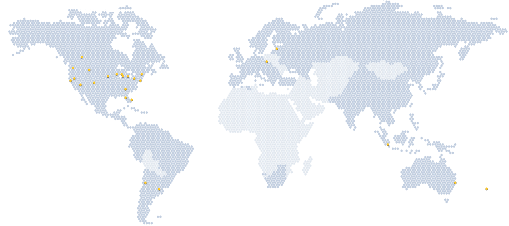 Mercator Projection world map dotted with yellow and grey hexagons indicating Care Mobile program locations in the regions serviced
