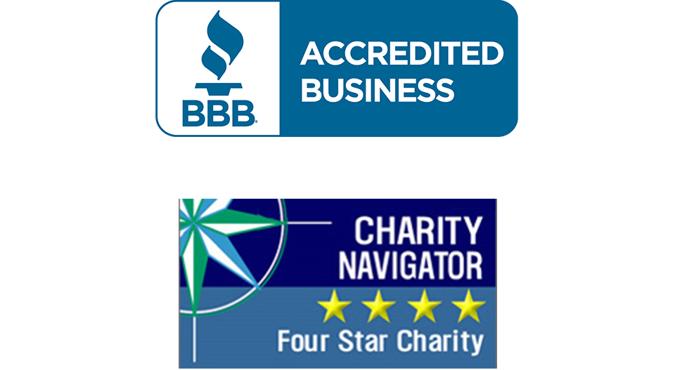 Better Business Bureau logo and "Accredited Charity" mark, and Charity Navigator logo with "Four Star Charity" mark