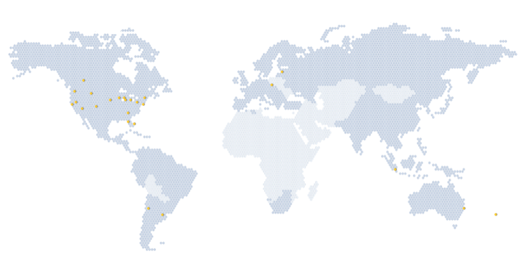 Mercator Projection world map dotted with yellow and grey hexagons indicating Care Mobile program locations in the regions serviced